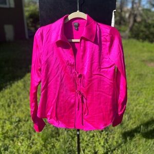 Hot Pink Office Siren Collared Tie Front Top